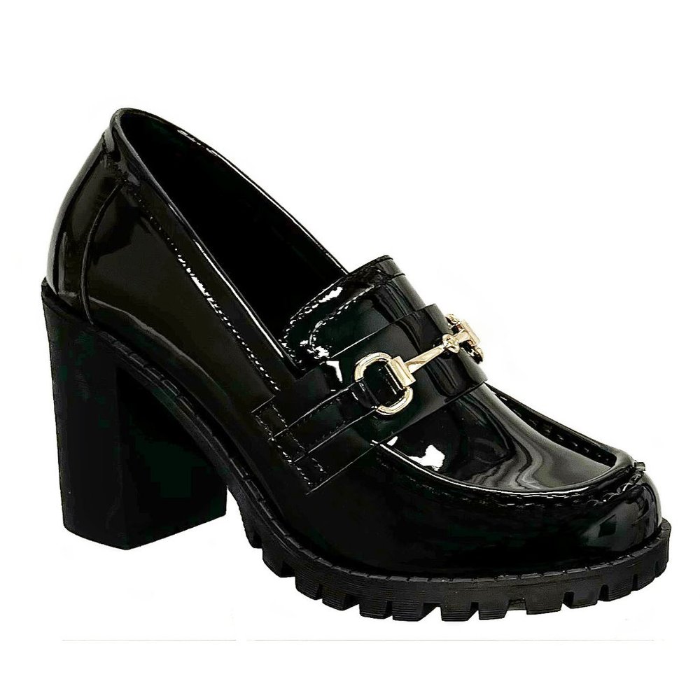 New Black Chain Platform Chunky Heel Penny Loafers